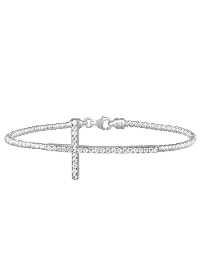 Sterling Silver Sideways CZ Cross Bracelet - Sterling Silver - 7 Inches - by Dazyle