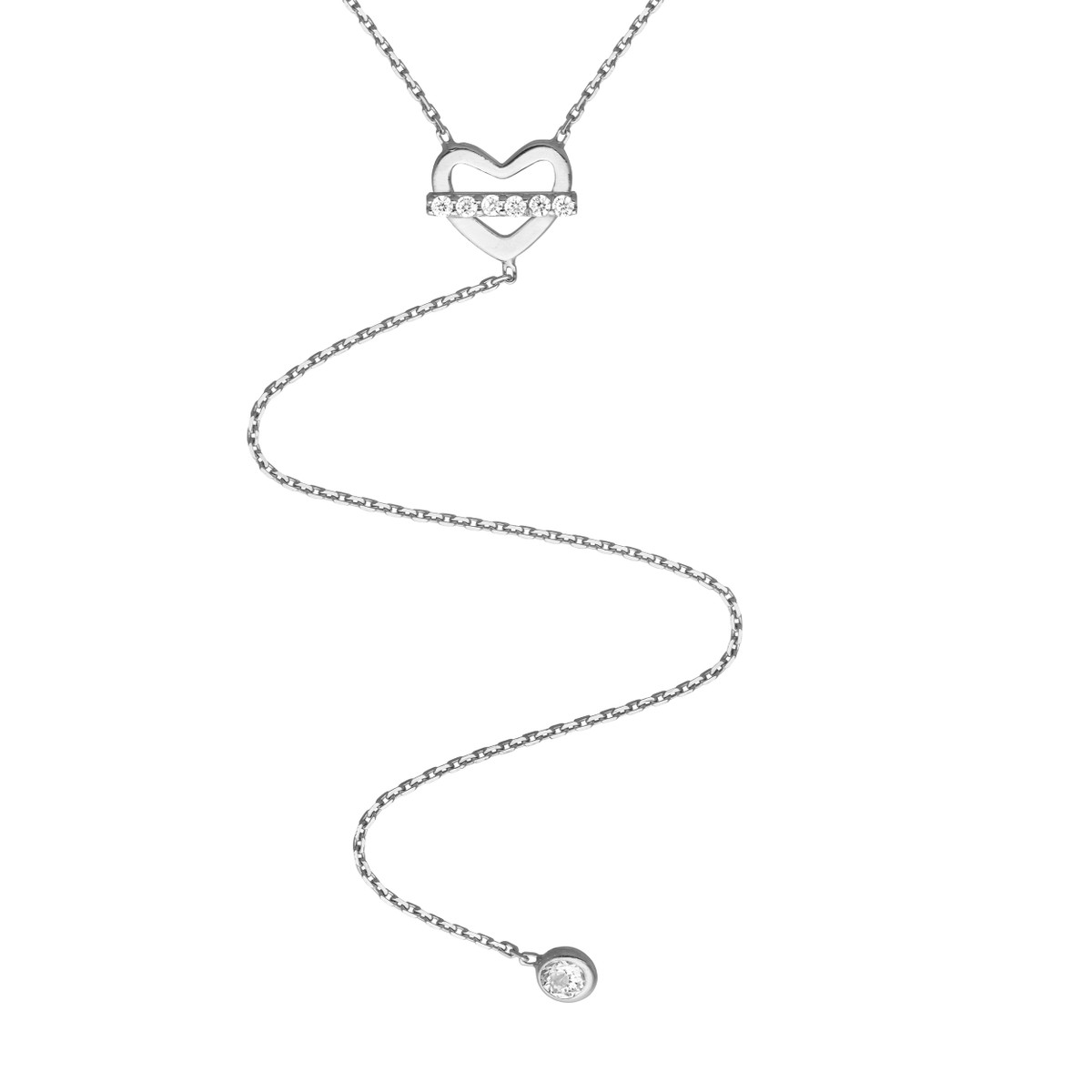 Sterling Silver CZ Heart Drop Lariat Necklace - Sterling Silver - Adjustable Length - by Dazyle - Image 2