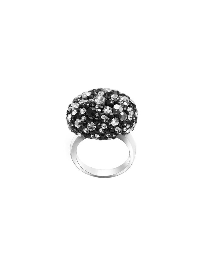 Sterling Silver Ring - Rounded Crystal Dome Design with Hematite and Black Crystals - Statement Jewelry - by Dazyle