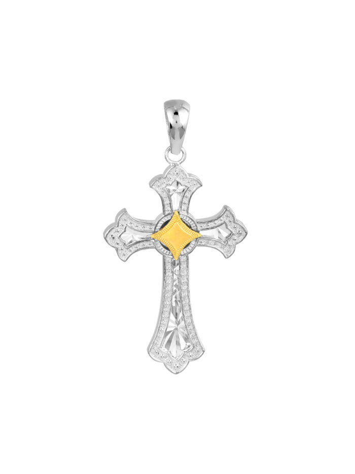 Diamond Shaped Fleur De Lis Cross Pendant - Sterling Silver With Yellow Gold - by Dazyle