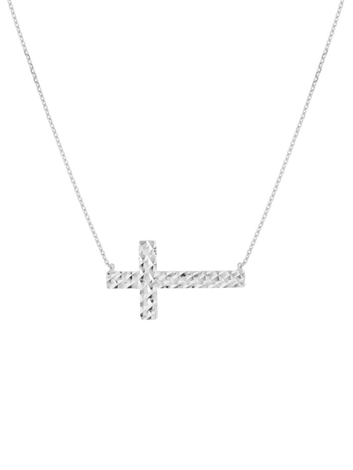 Diamond-Cut Sideways Cross Adjustable Necklace - 14K White Gold - 18" - by Dazyle