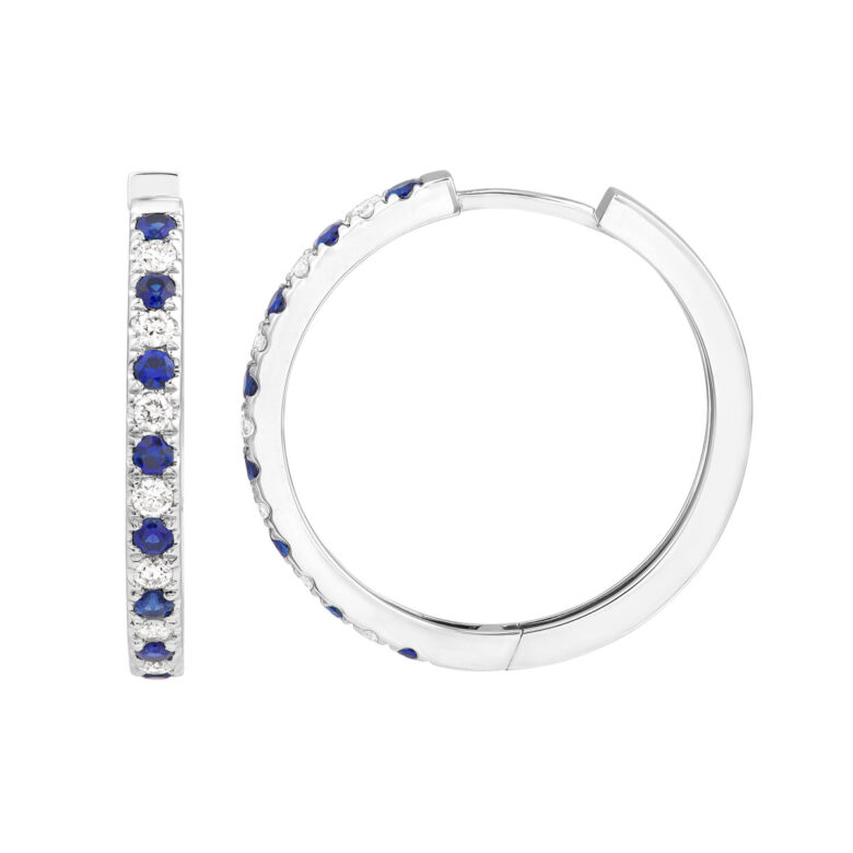 Sapphire & Diamond Accent 25mm Hoop Earrings - 14K White Gold - by Dazyle