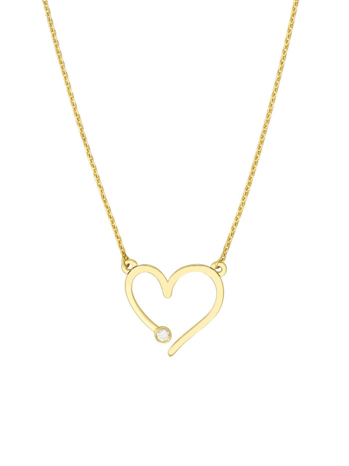 Open Heart Diamond Adjustable Necklace - 14K Yellow Gold 16-18 Inch - by Dazyle