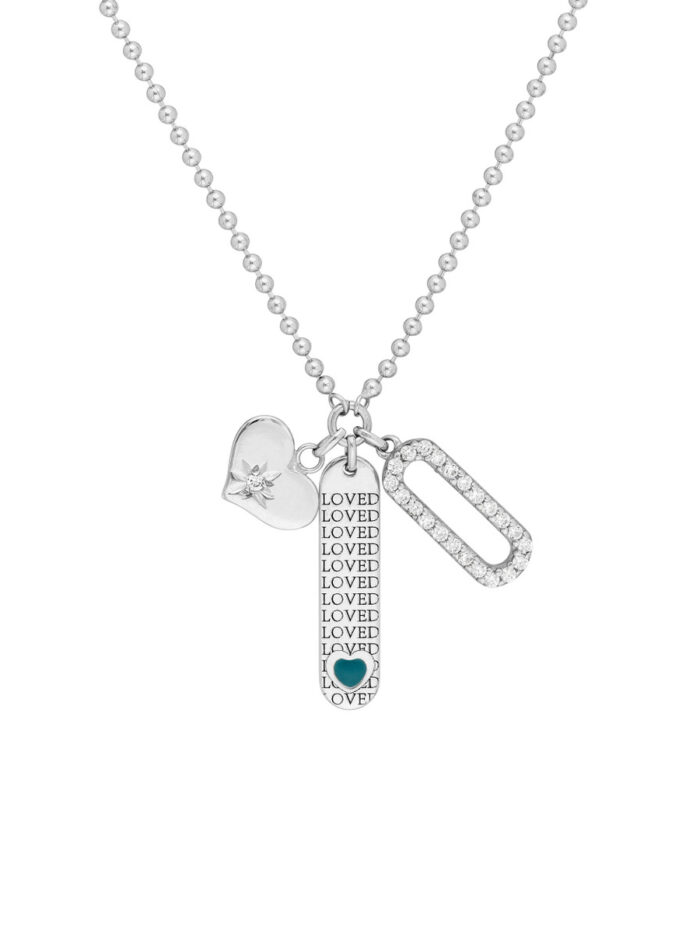Sterling Silver Love Bar with CZ Mixed Charm Necklace - Sterling Silver 20 inches - by Dazyle