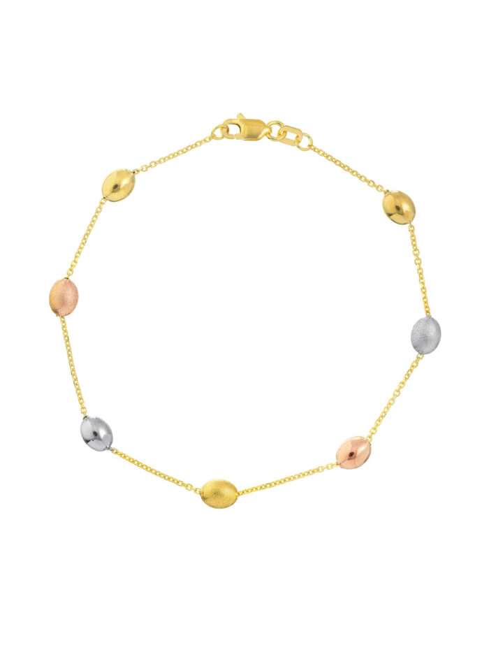 Tri-Color Puffy Bead Station Bracelet - 14K Three Tone Gold (7.25 Inches) - by Dazyle