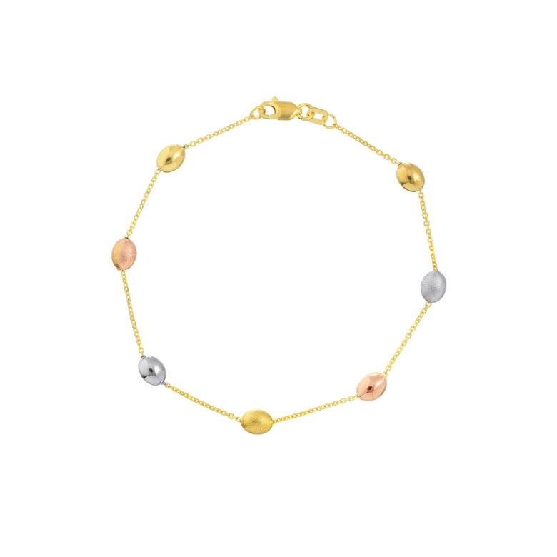Tri-Color Puffy Bead Station Bracelet - 14K Three Tone Gold (7.25 Inches) - by Dazyle