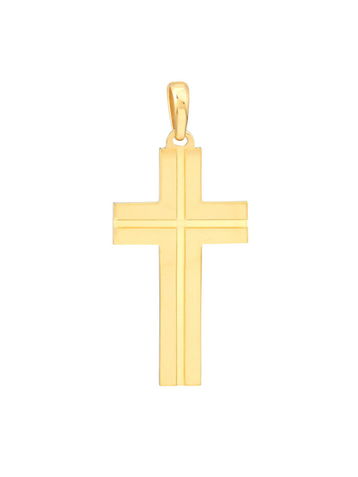Fancy Polished Grooved Cross Pendant - 14K Yellow Gold - by Dazyle