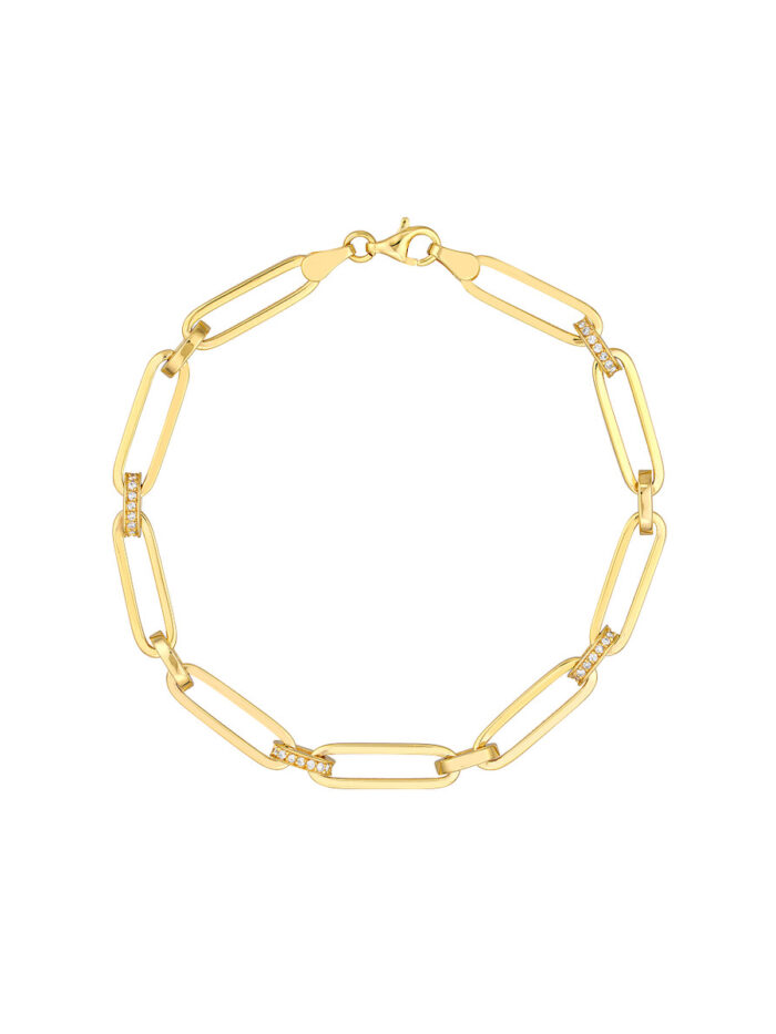 Pave Diamond Accented Paper Clip Chain Bracelet - 14K Yellow Gold 7.25 Inch - by Dazyle