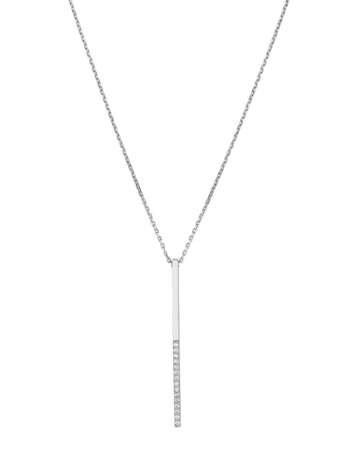 Sterling Silver Half-CZ Vertical Bar Adjustable Necklace - Sterling Silver - 18 Inch - by Dazyle