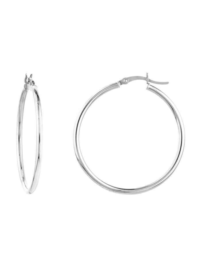 Polished Hoop Earrings - 10K White Gold - 2mm x 35mm Hinge - by Dazyle