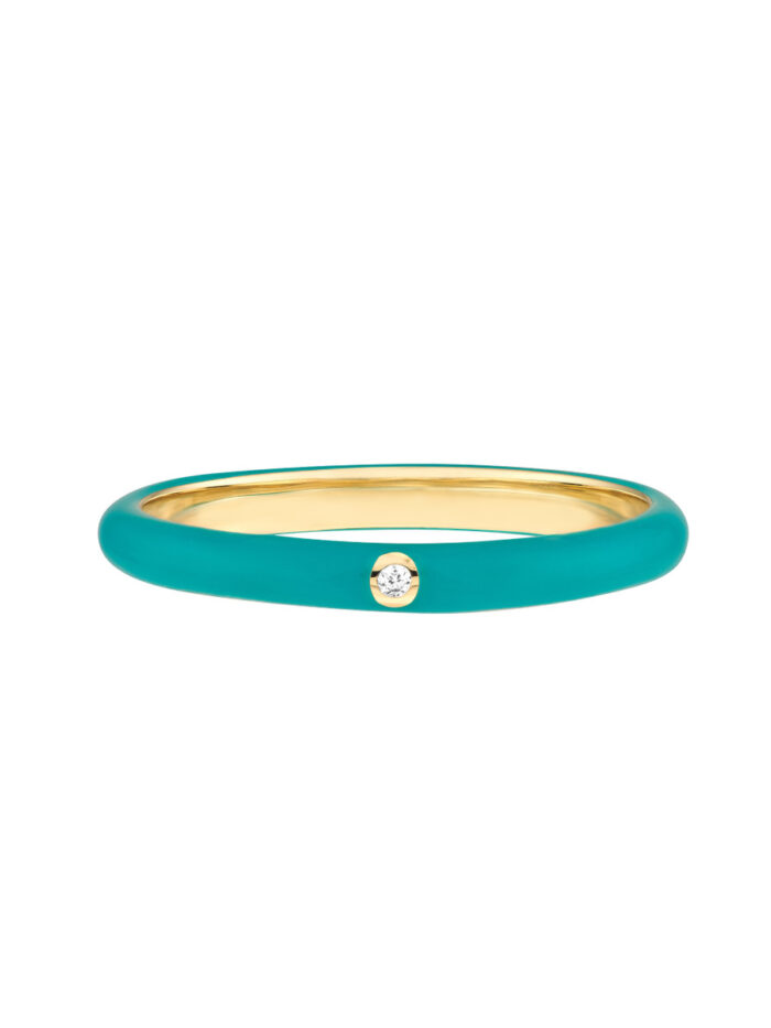 Diamond Bezel on Teal Enamel Band Ring - 14K Yellow Gold - by Dazyle