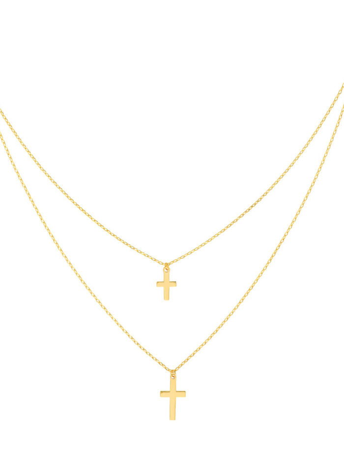 14K Yellow Gold Adjustable Layered Double Cross Necklace - 14K Gold 18 inches - by Dazyle