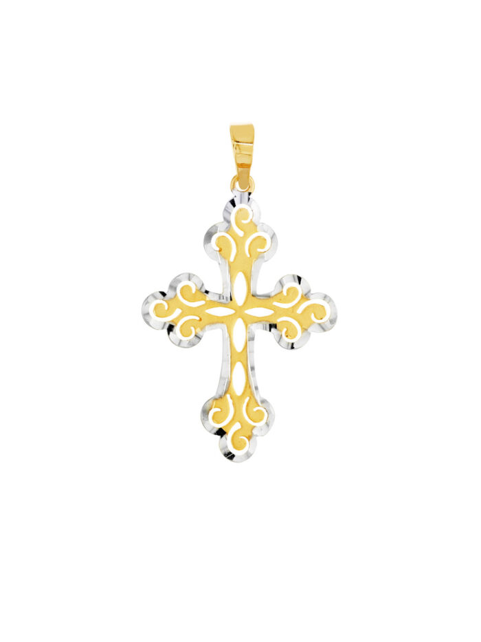 Two-Tone Filigree Cross Pendant - 14K Yellow & White Gold - by Dazyle