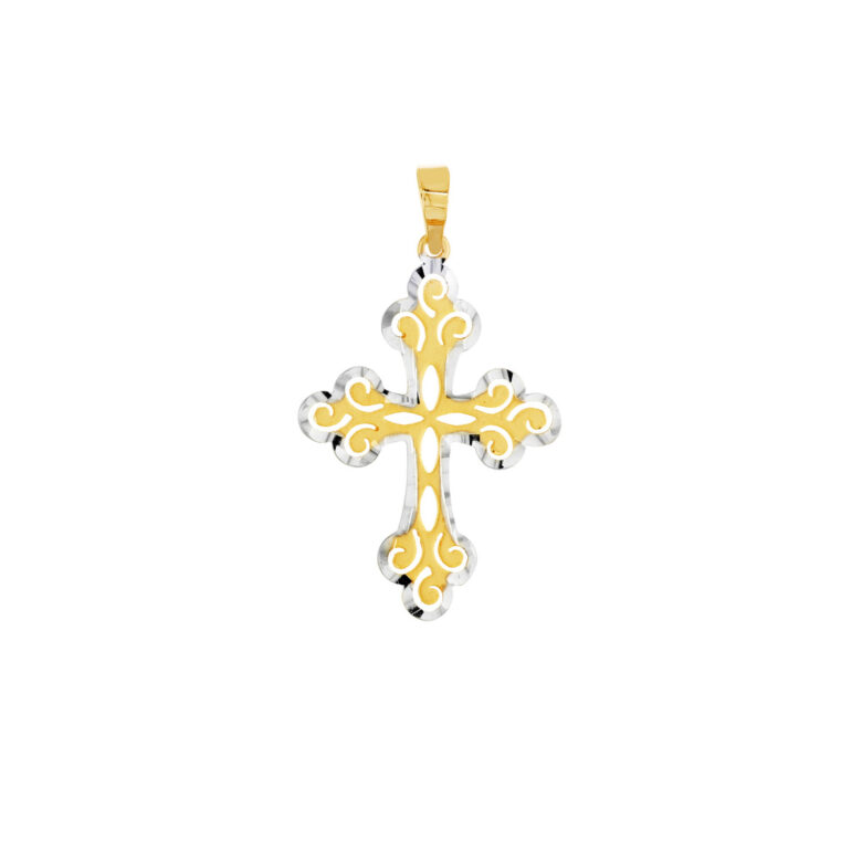 Two-Tone Filigree Cross Pendant - 14K Yellow & White Gold - by Dazyle