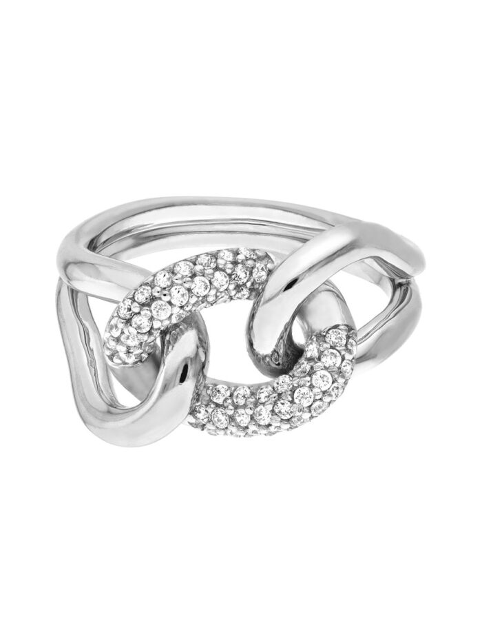 CZ Accents Curb Link Ring Rhodium-Plated Sterling Silver - Sterling Silver