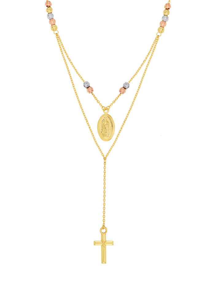 Tri-Color Virgin Mary and Cross Duo Necklace - 14K Three Tone Gold - 18 inch Adjustable - by Dazyle