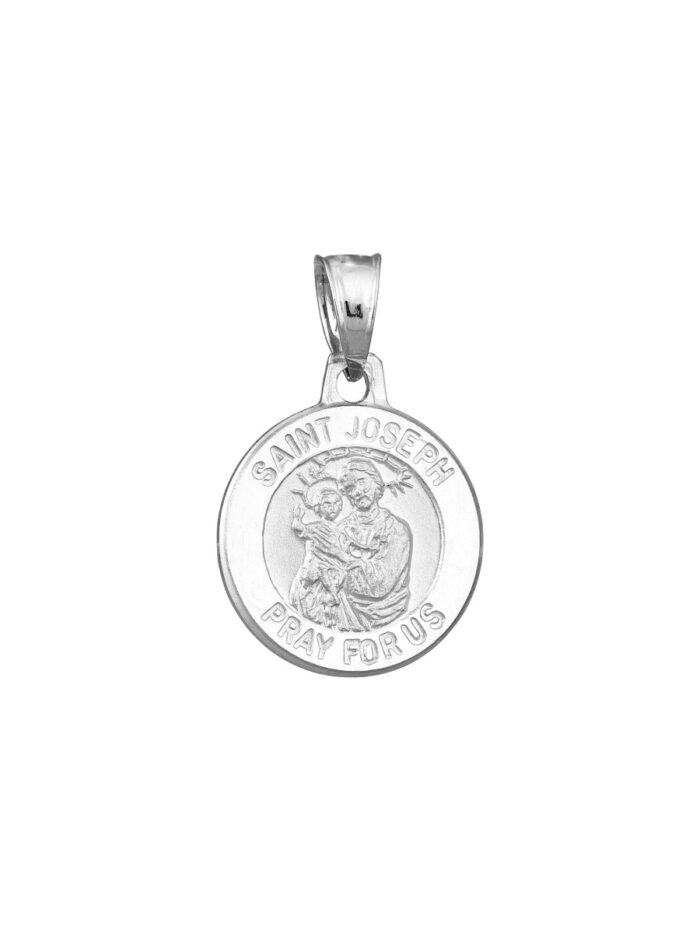 Small St. Joseph Medal - 14K White Gold Round Religious Pendant Charm - by Dazyle