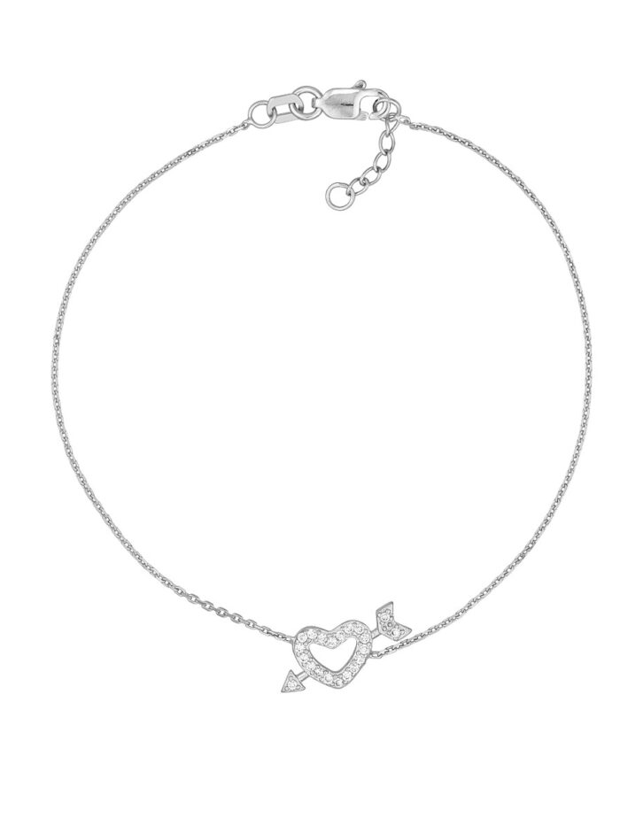 CZ Heart and Arrow Charm Bracelet - Sterling Silver Adjustable Cable Chain - by Dazyle