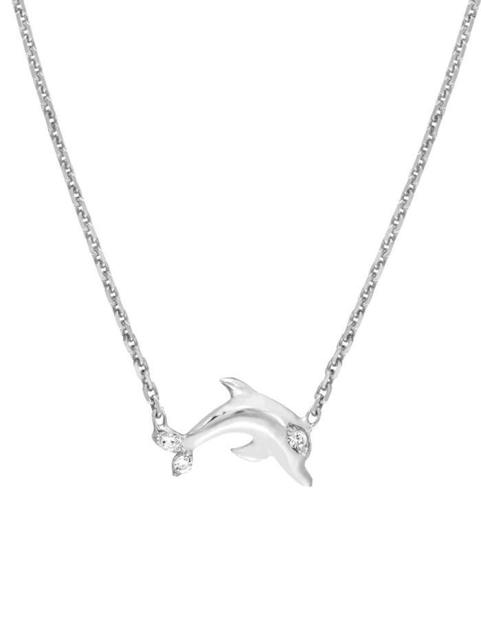 Sterling Silver Mini CZ Dolphin Pendant Necklace - Sterling Silver 18 Inch Adjustable - by Dazyle