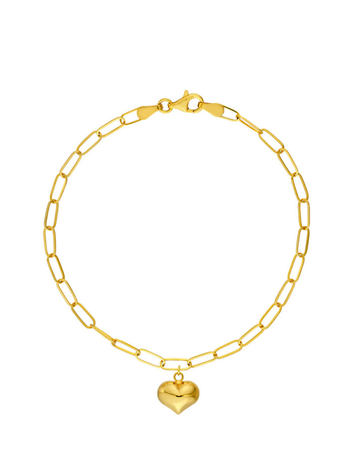 Puff Heart Paper Clip Bracelet - 14K Yellow Gold - 7.5-inch Adjustable - by Dazyle