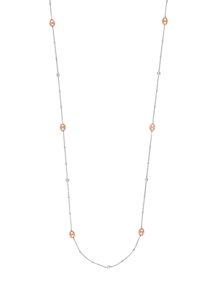 Sterling Silver With Rose Gold 36-inch Length CZ Bezel and Mariner Link Station Necklace - Sterling Silver With Rose Gold 36-inch - by Dazyle