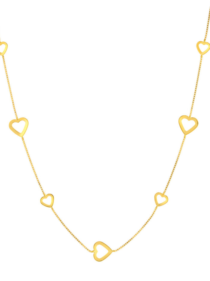 Open Heart Pendant on Box Chain Necklace - 14K Yellow Gold, Adjustable - by Dazyle