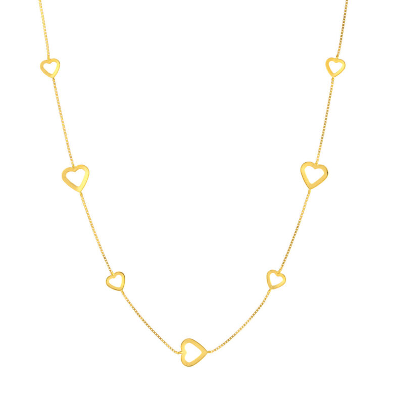 Open Heart Pendant on Box Chain Necklace - 14K Yellow Gold, Adjustable - by Dazyle