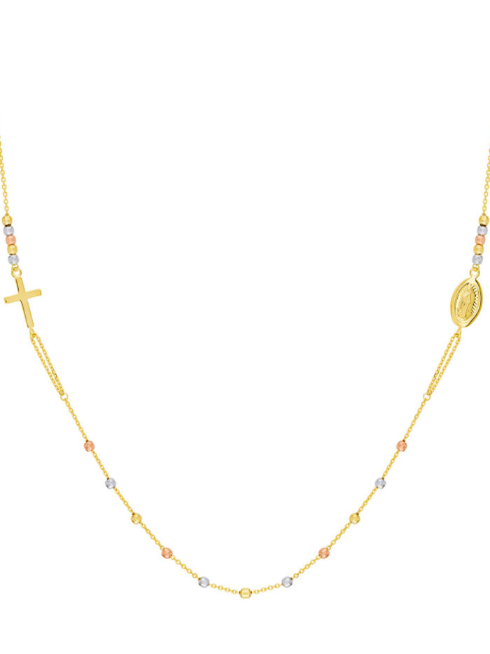 Tri-Color Cross and Virgin Mary Beaded Necklace - 14K Three Tone Gold - 20 inch Adjustable - by Dazyle