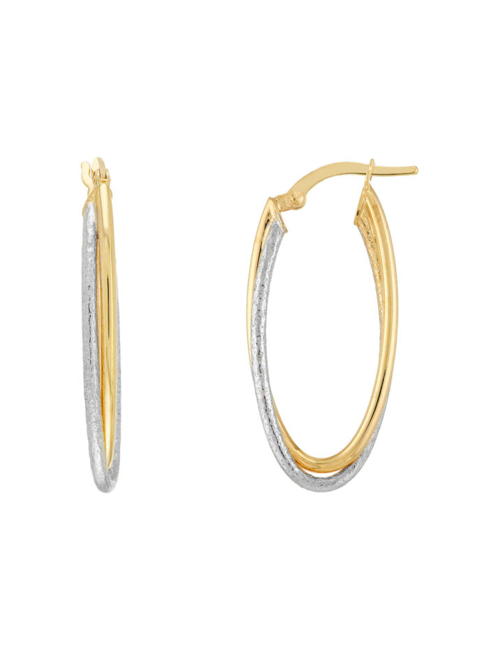 14K Yellow & White Gold Two-Tone Polished/Laser Twist Oval Hoops - Hinge Closure - by Dazyle