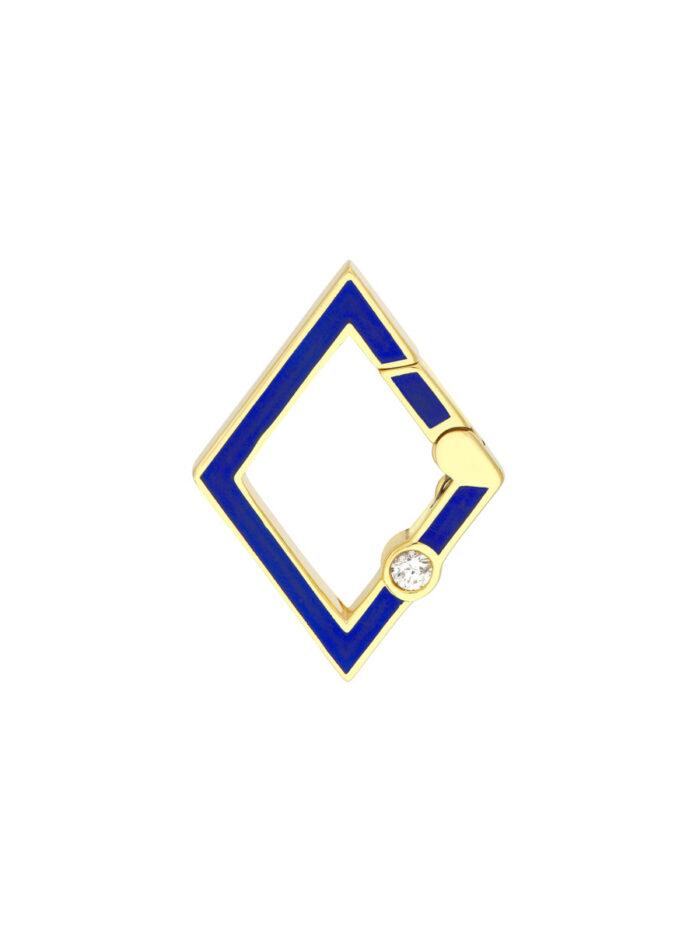 Diamond Bezel Navy Enamel Rhombus Push Lock - 14K Yellow Gold