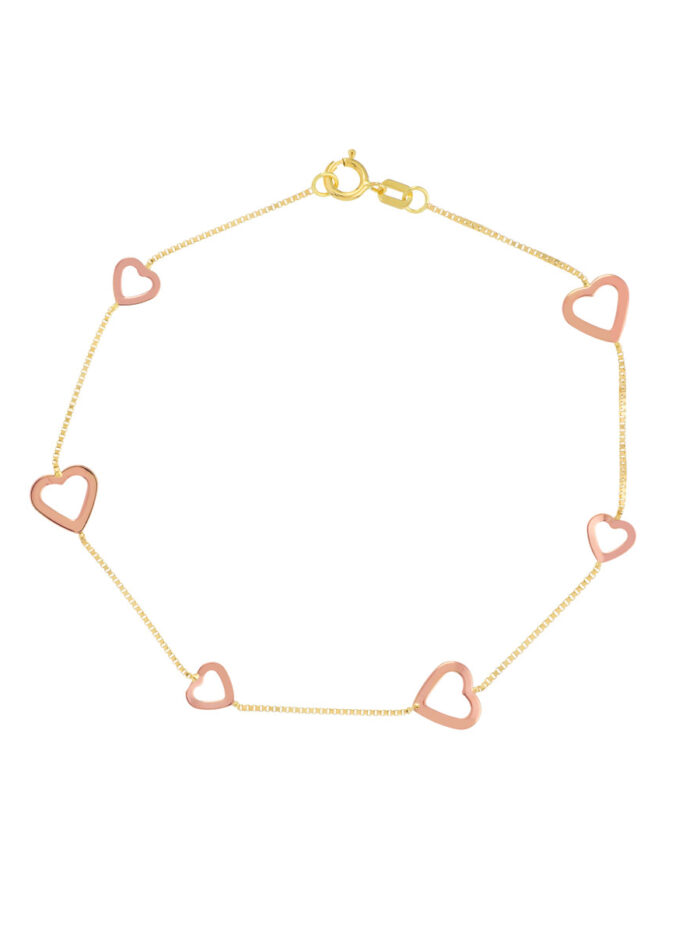 Two-Tone Open Heart Bracelet - 14K Rose & Yellow Gold - 7.5 Inch - by Dazyle