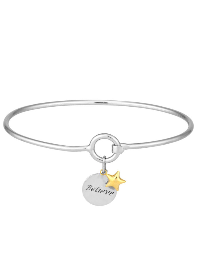 Sterling Silver Believe Bangle with 14K Gold Star Dangle - Sterling Silver With Yellow Gold - by Dazyle