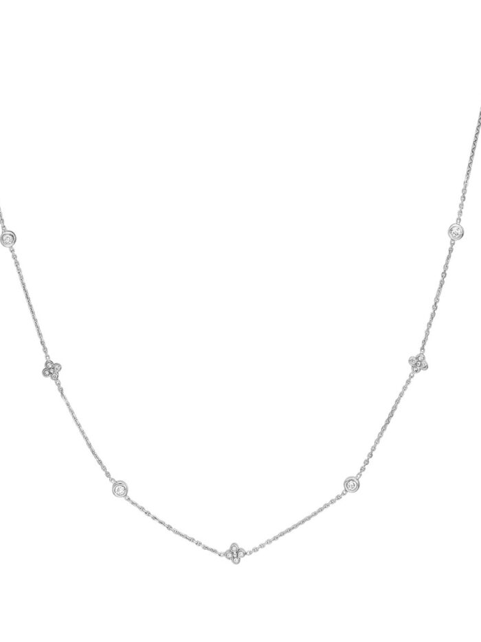 Diamond Bezel & Cluster Stations Necklace - 14K White Gold Adjustable Cable Chain - by Dazyle