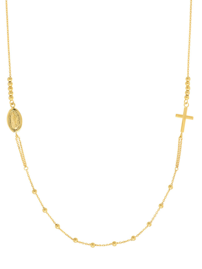 Cross and Virgin Mary Beaded Necklace - 14K Yellow Gold - 20 Inches Adjustable - by Dazyle