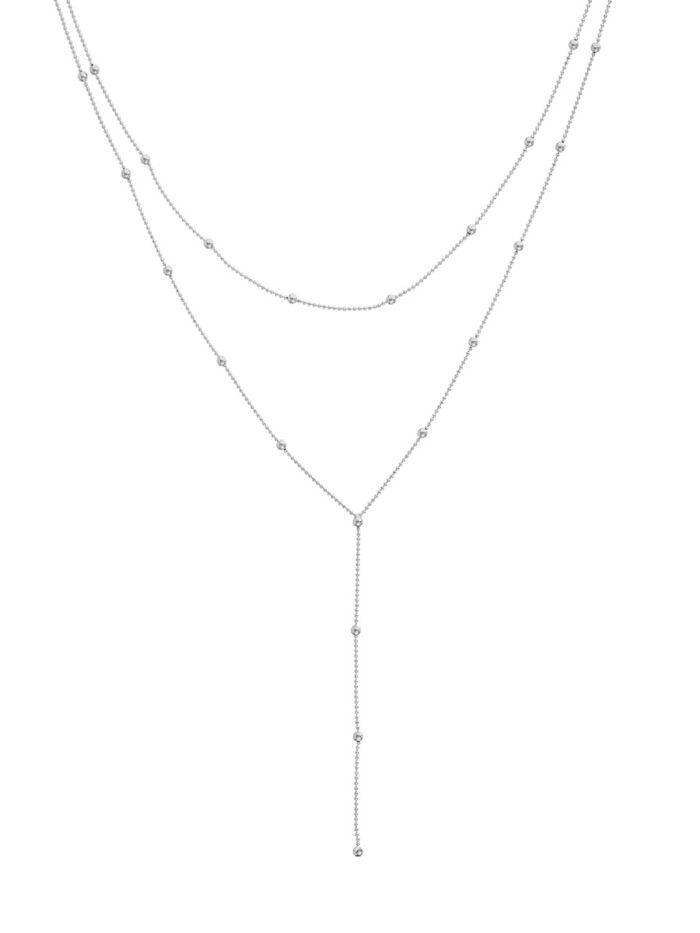Double Stranded Bead Station Drop Necklace - 14K White Gold 17-inch Box Chain - by Dazyle