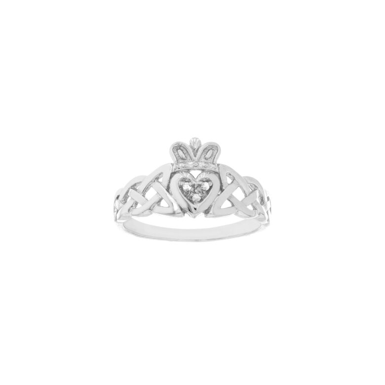 Braided Claddagh Ring with Diamond Accent - 14K White Gold - by Dazyle