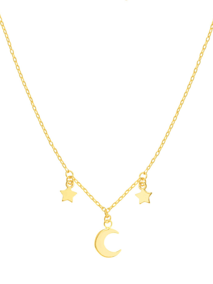 Crescent Moon and Star Dangles Necklace - 14K Yellow Gold - 18 Inch - by Dazyle