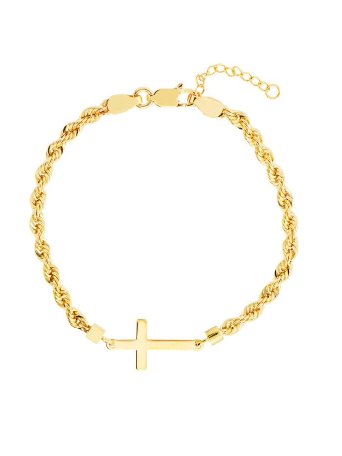 Cross on Rope Chain Adjustable Bracelet - 14K Yellow Gold 7.25 Inches - by Dazyle