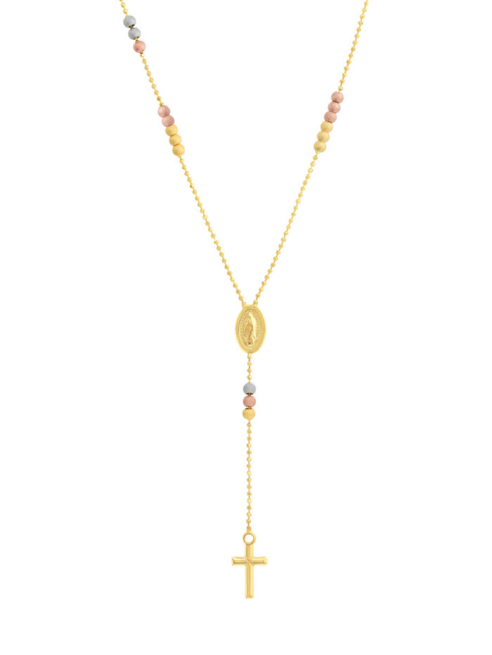 Tri-Color Gold Mary & Cross Lariat Necklace - 14K Three Tone Gold - 17 inches - by Dazyle