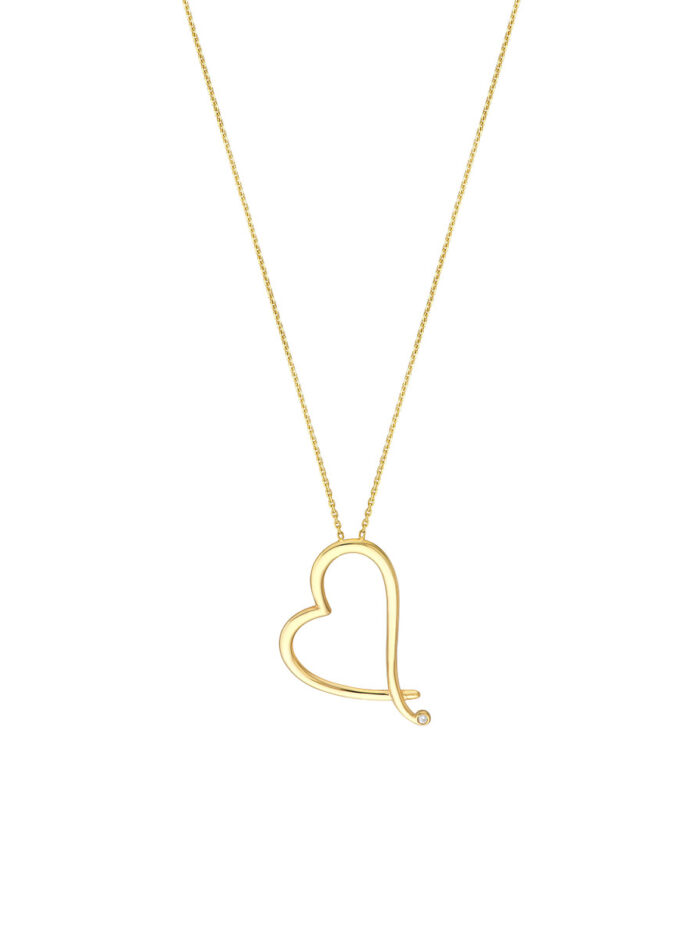 Tilted Open Heart Diamond Accent Necklace - 14K Yellow Gold Adjustable - by Dazyle