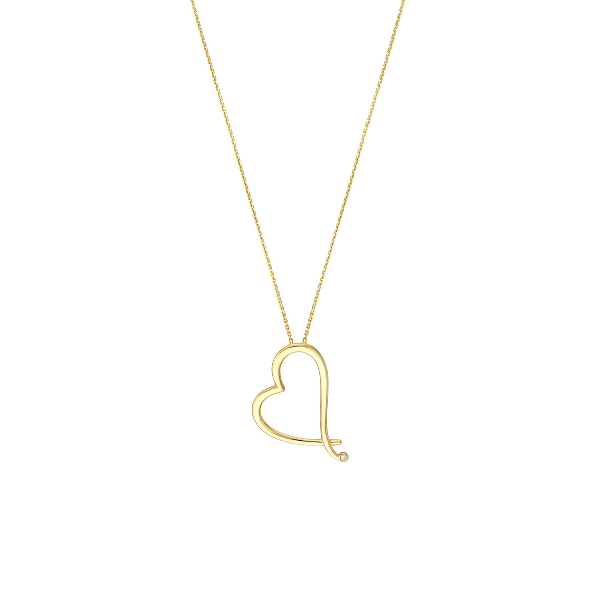Tilted Open Heart Diamond Accent Necklace - 14K Yellow Gold Adjustable - by Dazyle