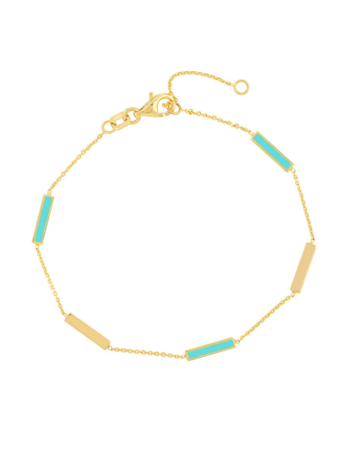 Turquoise Enamel Alternating Bar Station Bracelet - 14K Yellow Gold 7.25" Adjustable - by Dazyle