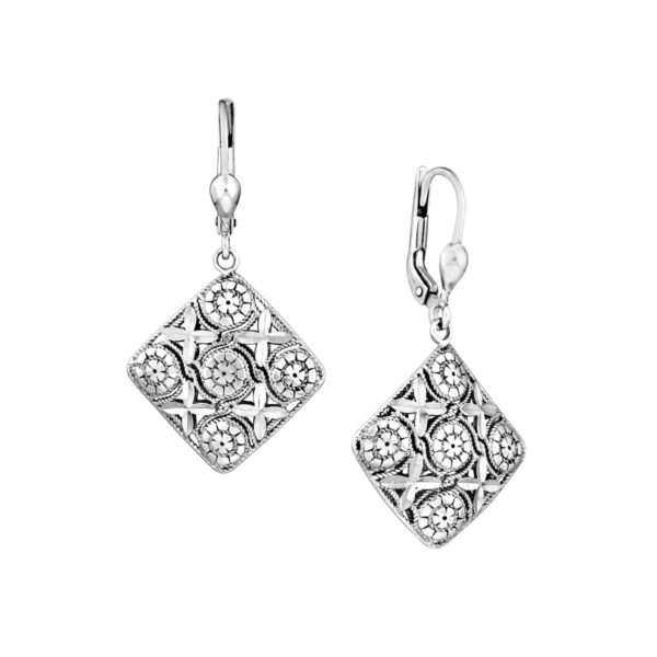 Sterling Silver Filigree Square Dangle Earrings - Lever Back Closure - by Dazyle