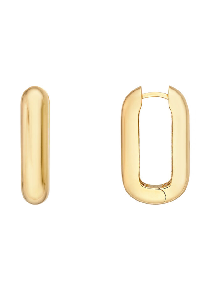 Polished Long Oval Hoop Earrings - 14K Yellow Gold - by Dazyle