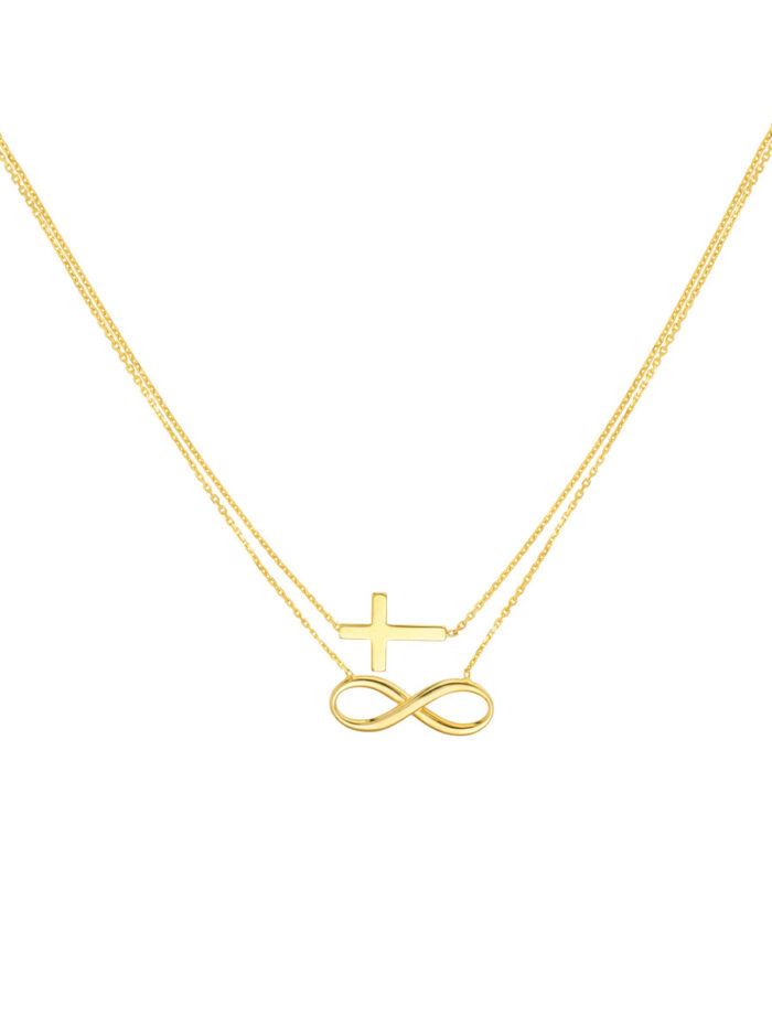 Cross and Infinity Layered Duo Adjustable Necklace - 14K Yellow Gold Cable Chain - 18 Inch - by Dazyle