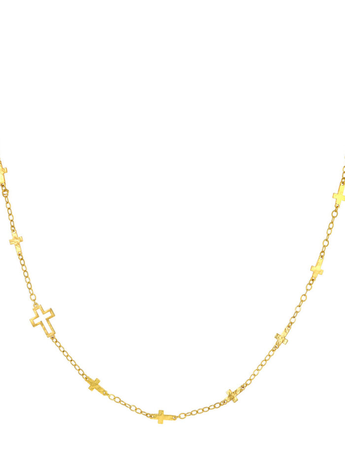 Mix Hammered Crosses Station Necklace - 14K Yellow Gold Curb Chain - 18 inches - by Dazyle