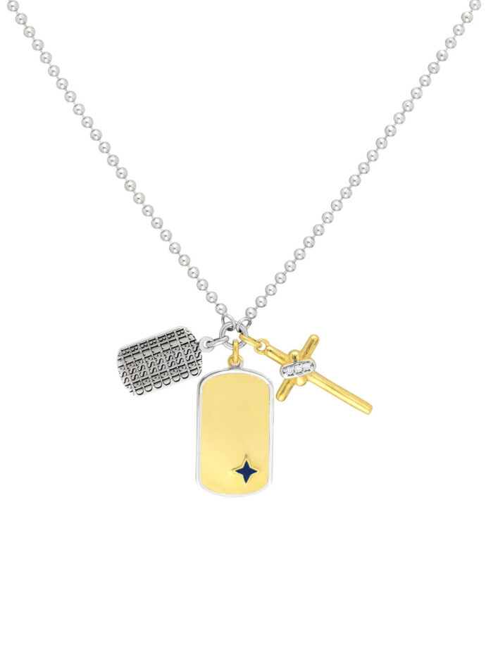 Sterling Silver Blessed Dog Tag Mixed Charm Necklace - Yellow Gold Plating - by Dazyle