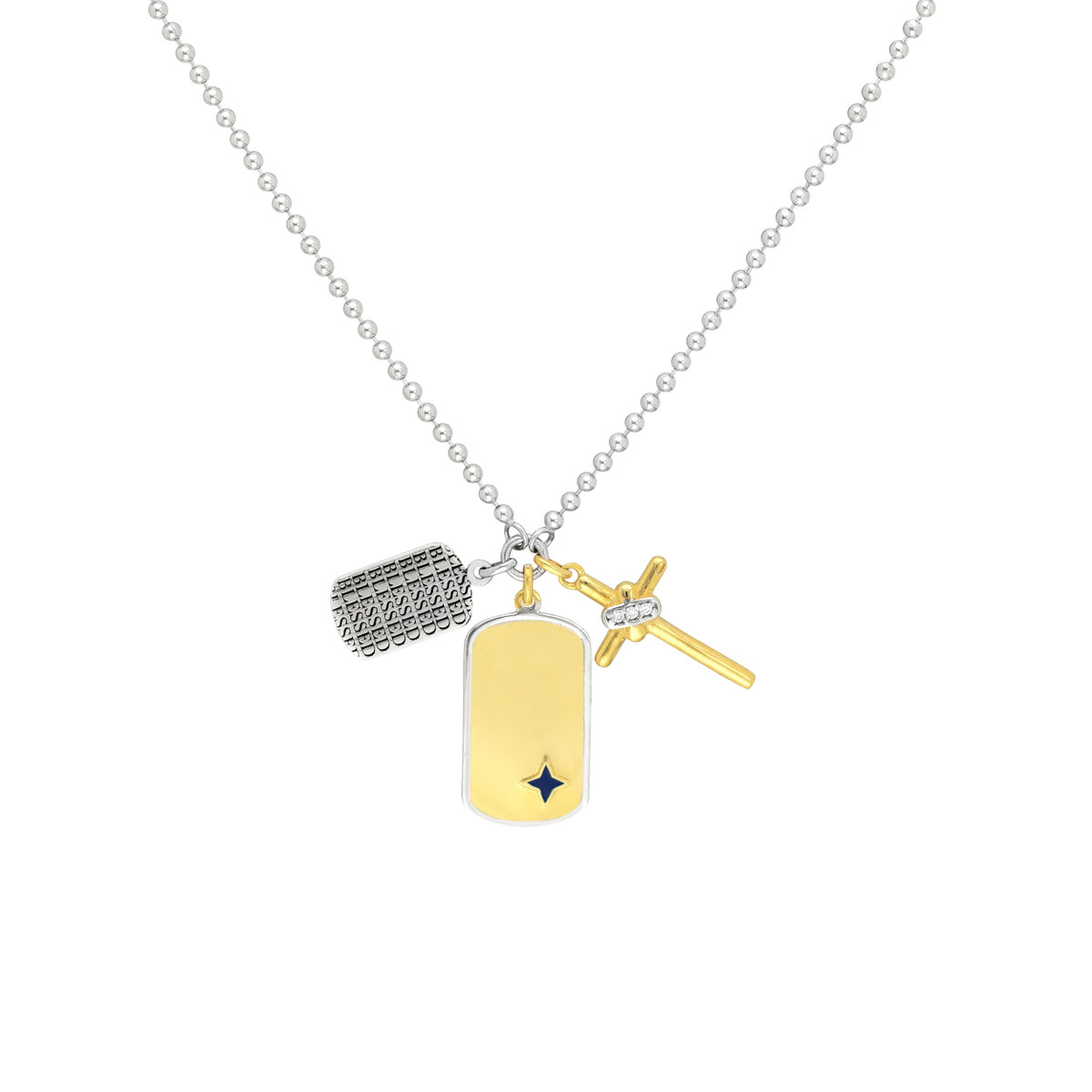 Sterling Silver Blessed Dog Tag Mixed Charm Necklace - Yellow Gold Plating - by Dazyle