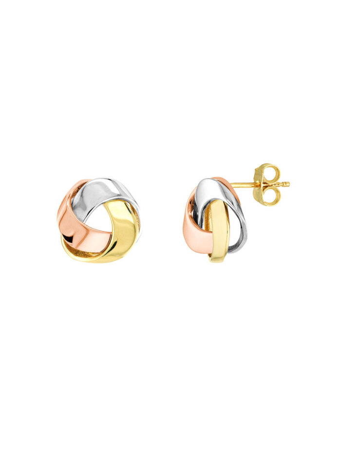 Tri-Color Flat Love Knot Stud Earrings 14K Three Tone Gold - by Dazyle
