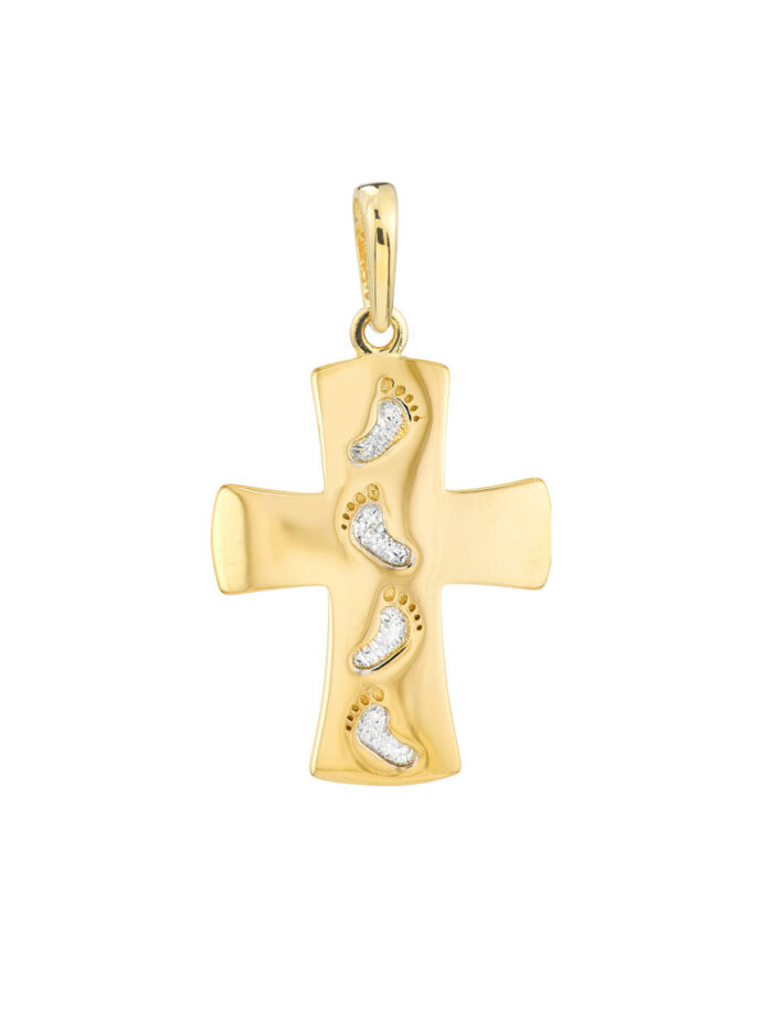 Two-Tone Gold Cross Pendant with Footprints - 14K Yellow & White Gold - by Dazyle